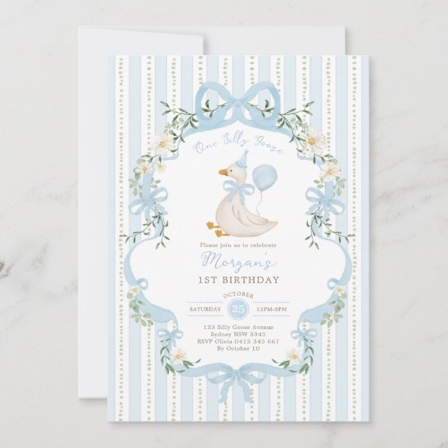 Invitación One Silly Goose Coquette Blue Stripe 1st Birthday (Anverso)