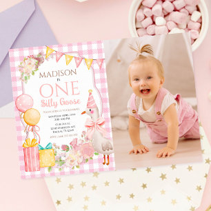 Invitación One Silly Goose Coquette Lazo Rosa Cumpleaños 1