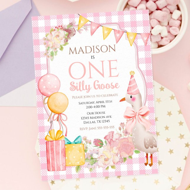 Invitación One Silly Goose Coquette Lazo Rosa Cumpleaños 1 (Subido por el creador)