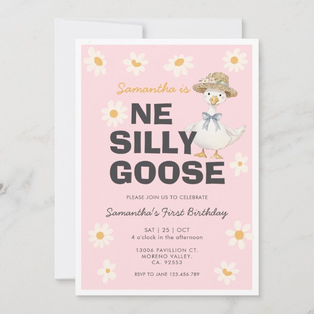 Invitación One Silly Goose Daisy Birthday Party Invitation (Anverso)