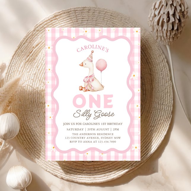 Invitación One Silly Goose Daisy Gingham Primer cumpleaños (Subido por el creador)