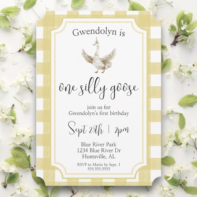 Invitación "One Silly Goose", fiesta de cumpleaños de primer  ("one silly goose" yellow gingham first birthday party invitations watercolor gender neutral invite)