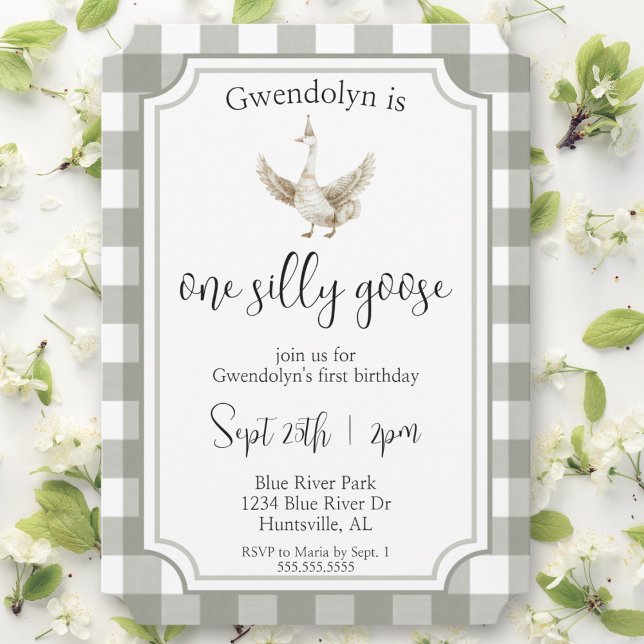 Invitación "One Silly Goose", fiesta de cumpleaños de primer  (one silly goose first birthday party gender neutral 1st bday for baby boy or girl green picnic cute )
