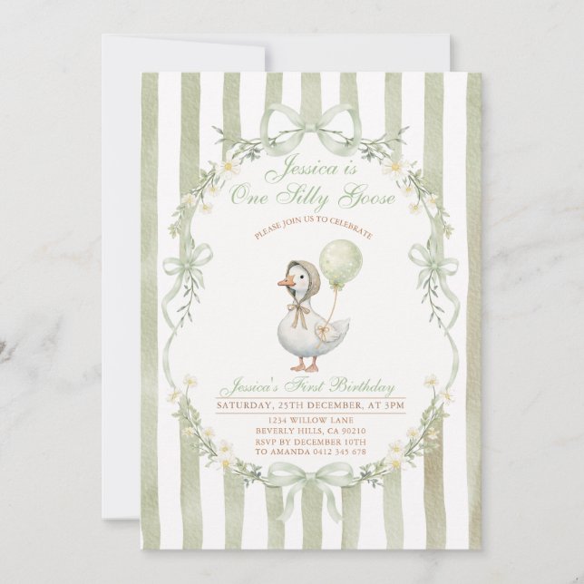 Invitación One Silly Goose First Birthday Green Invitation (Anverso)