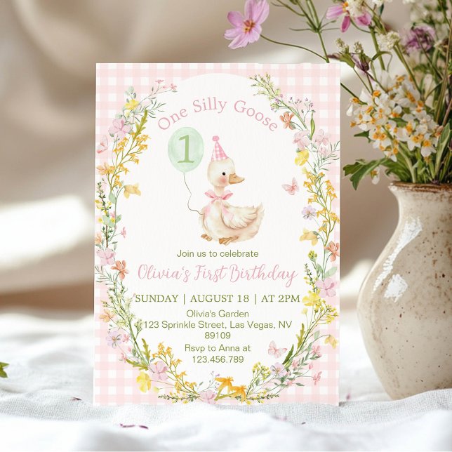Invitación One Silly Goose Floral Pink Girl Birthday (Subido por el creador)