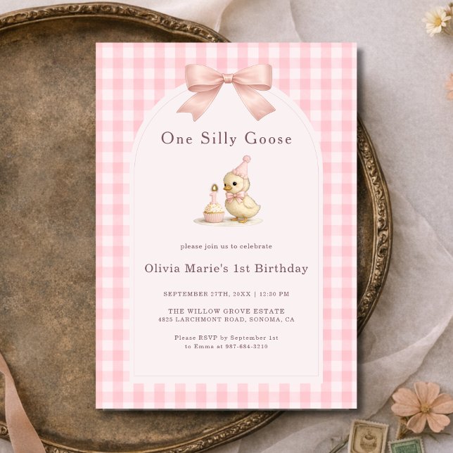 Invitación One Silly Goose Gingham Pink Bow Girl 1st Birthday (Subido por el creador)