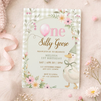 Invitación One Silly Goose Gingham Pink Floral 1st Birthday