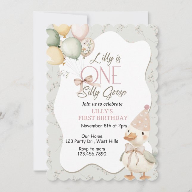 Invitación One Silly Goose, Goose, ONE, First Birthday, Goose (Anverso)