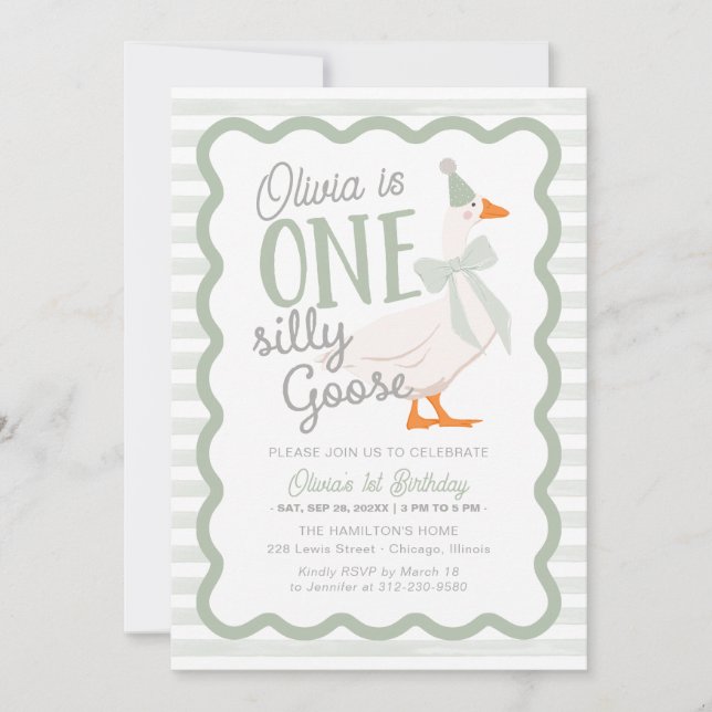 Invitación One Silly Goose Green Bow 1st Birthday (Anverso)