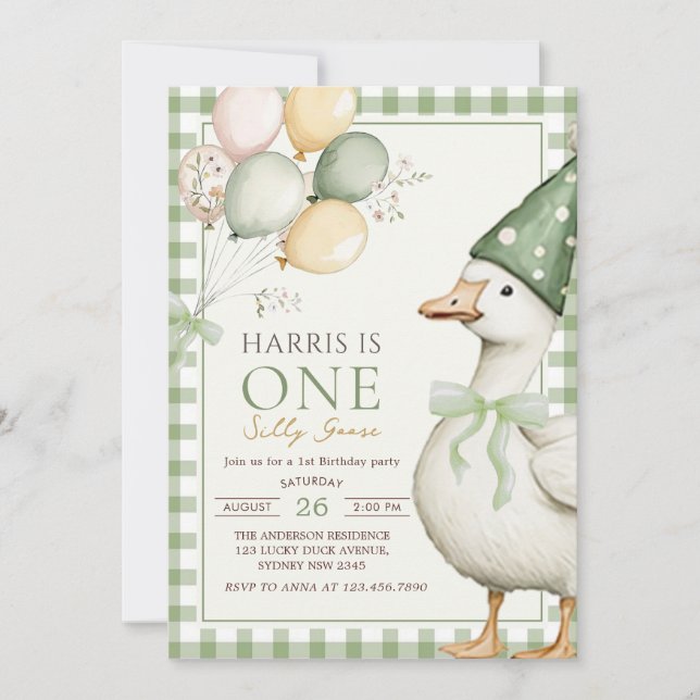 Invitación One Silly Goose Green Gingham Primer Cumpleaños (Anverso)