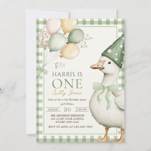 Invitación One Silly Goose Green Gingham Primer Cumpleaños