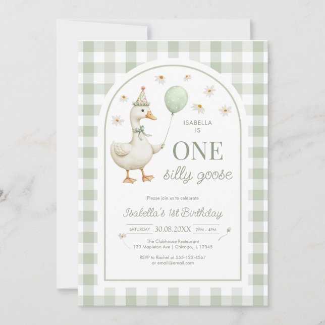 Invitación One Silly Goose Green Girl 1st Birthday Invitation (Anverso)