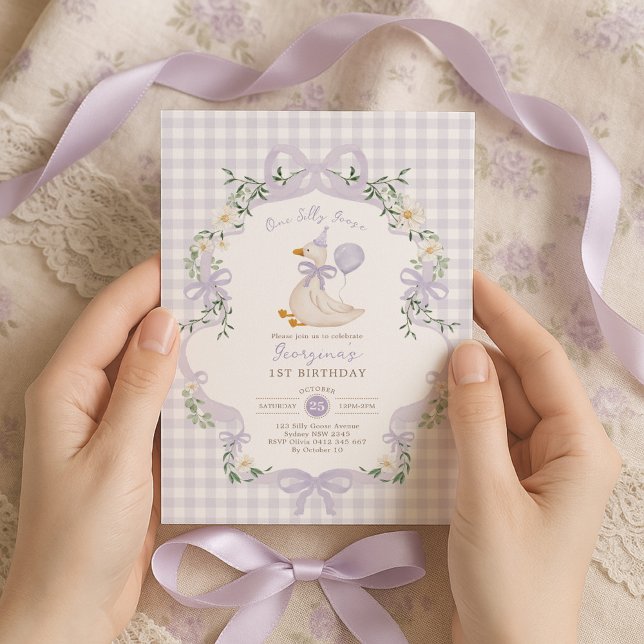Invitación One Silly Goose Lilac Purple Bow 1st Birthday (Subido por el creador)