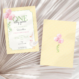 Invitación One Silly Goose Pink and Gingham 1st Birthday