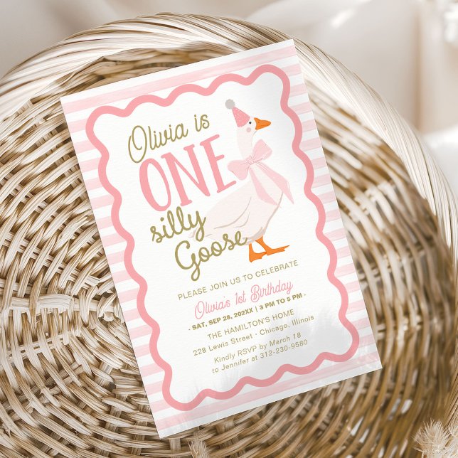 Invitación One Silly Goose Pink Bow 1st Birthday (Subido por el creador)