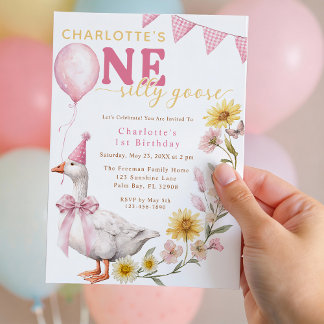 Invitación One Silly Goose Pink Bow 1st Birthday Invitation