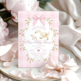 Invitación One Silly Goose Pink Bow Girl 1st Birthday