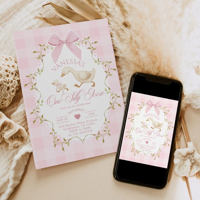 Invitación One Silly Goose Pink Bow Girl 1st Birthday (Subido por el creador)