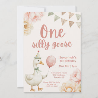 Invitación One Silly Goose Pink Floral 1st Birthday 