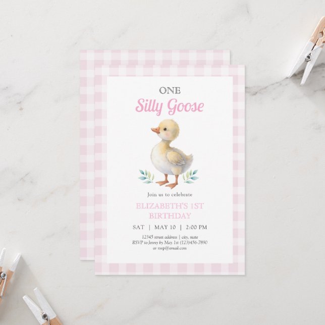 Invitación One Silly Goose Pink Gingham Girl First Birthday (Anverso/Reverso In Situ)