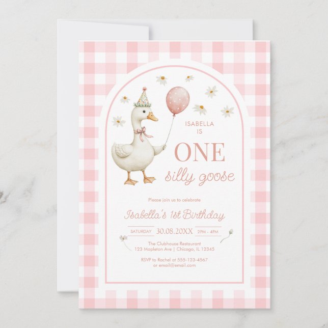 Invitación One Silly Goose Pink Girl 1st Birthday Invitation (Anverso)