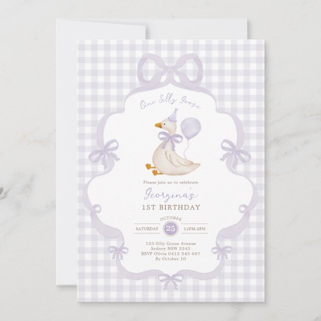 Invitación One Silly Goose Purple Bow Balloon 1st Birthday (Anverso)