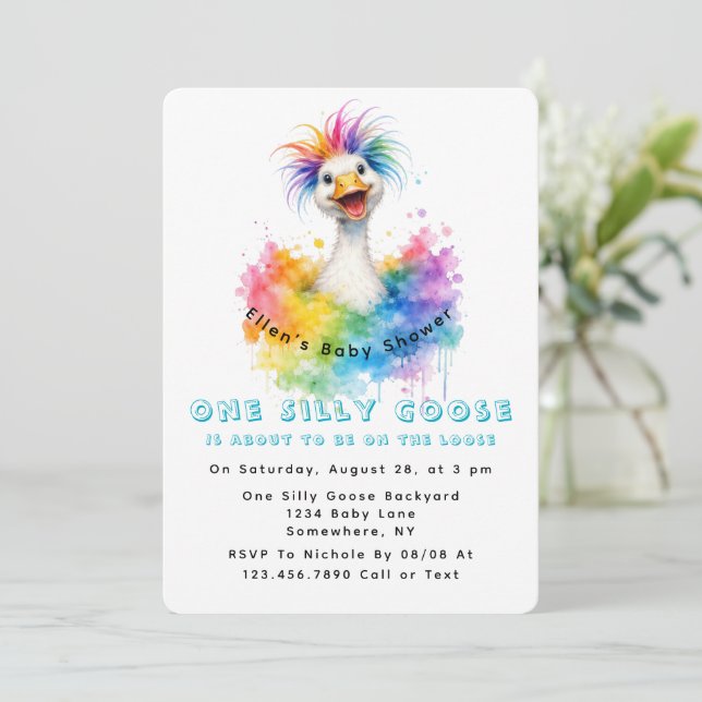 Invitación One Silly Goose Rainbow Baby Shower Cute (Anverso de pie)