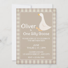 Invitación One Silly Goose Tan Gingham First Birday Party