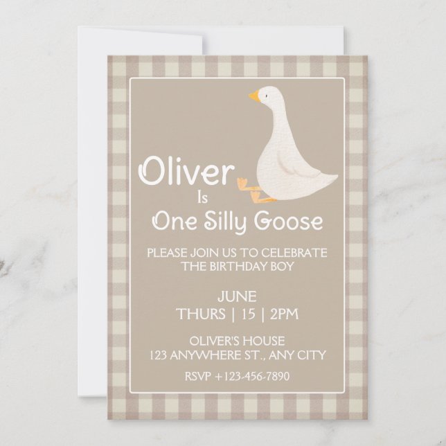 Invitación One Silly Goose Tan Gingham First Birday Party (Anverso)