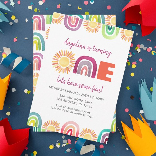 Invitación One Sun & Rainbows First Birday Boho Watercolor (Subido por el creador)