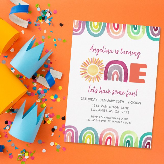 Invitación ONE Sunshine Rainbow 1er cumpleaños Boho Watercolo (Subido por el creador)