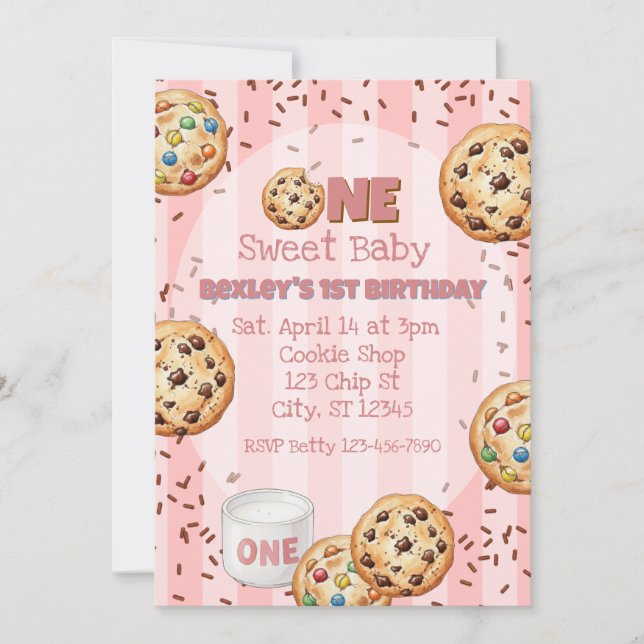 Invitación One Sweet Baby, Pink Cookie 1st birthday (Anverso)