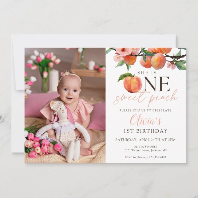 Invitación One Sweet Peach 1st Birthday Photo (Anverso)
