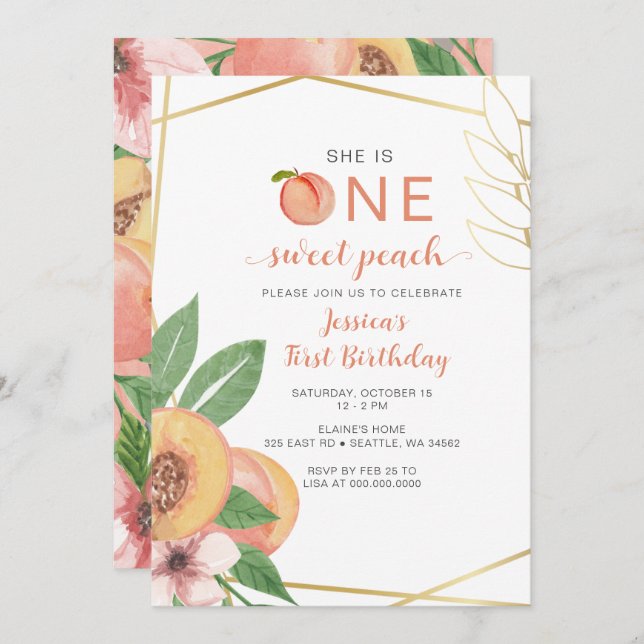 Invitación One Sweet Peach First Birthday photo (Anverso / Reverso)