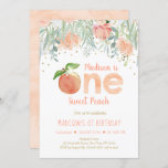 Invitación One Sweet Peach Girl First Birthday<br><div class="desc">This adorable invitation features a watercolor peach,  flowers and faux gold glitter confetti.</div>
