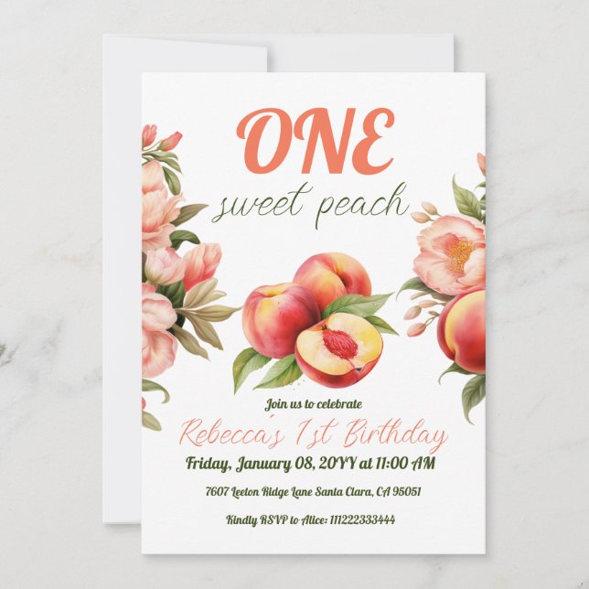 Invitación One Sweet Peach Summer Floral 1er cumpleaños (Anverso)