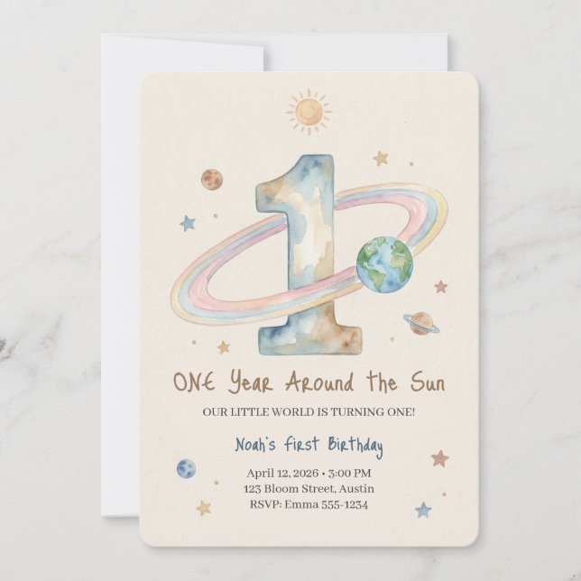 Invitación One Year Around The Sun 1st Birthday Invitation (Anverso)