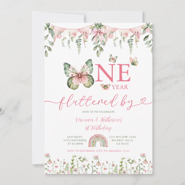 Invitación One year fluttered Butterfly First Birthday Floral (Anverso)