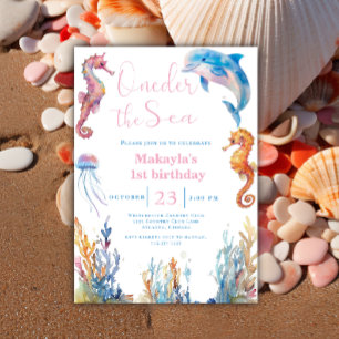 Invitación Oneder el cumpleaños del mar bajo los animales del