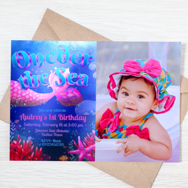Invitación Oneder el mar con paisaje fotográfico (Oneder the Sea - Girl Mermaid 1st Birthday Landscape Invitation with Picture)