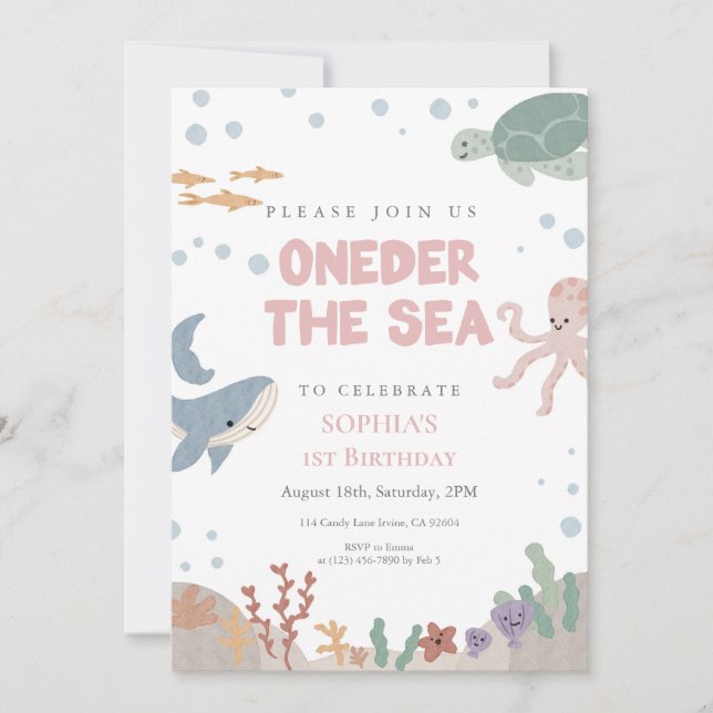 Invitación Oneder el Mar Cumpleaños Rosa Acuarela Niña 1 (Anverso)