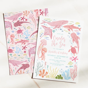 Invitación Oneder El Mar Rosa Océano Aniamls 1er Cumpleaños