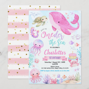Invitación Oneder La Niña Del Mar Cumpleaños 1 Pastel Rosa