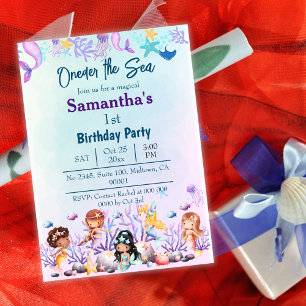 Invitación Oneder la sirena del mar niños lindos azul primer