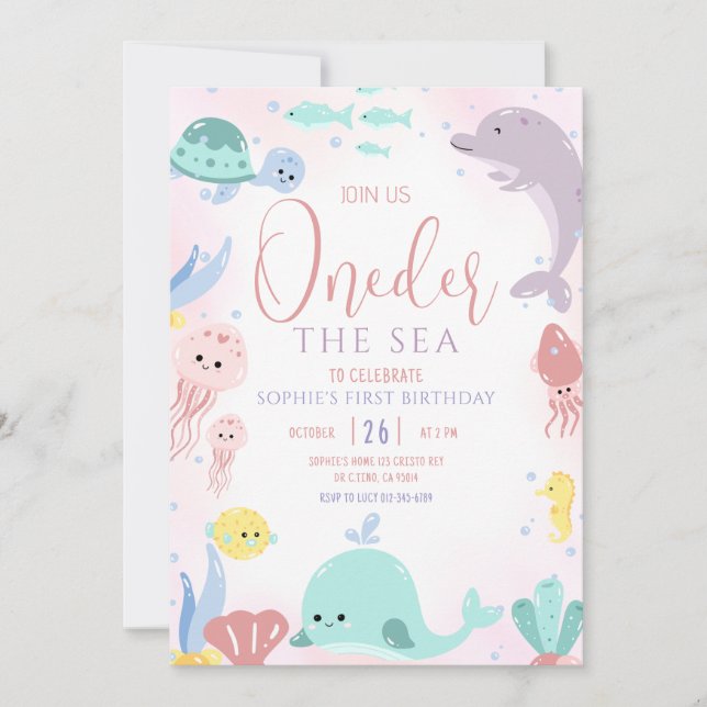 Invitación Oneder The Sea 1er cumpleaños Chica Cute Ocean (Anverso)