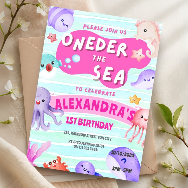 Invitación Oneder the Sea 1er cumpleaños Chica Ocean Animals (Oneder the Sea 1st Birthday Girl Ocean Animals Invitation)