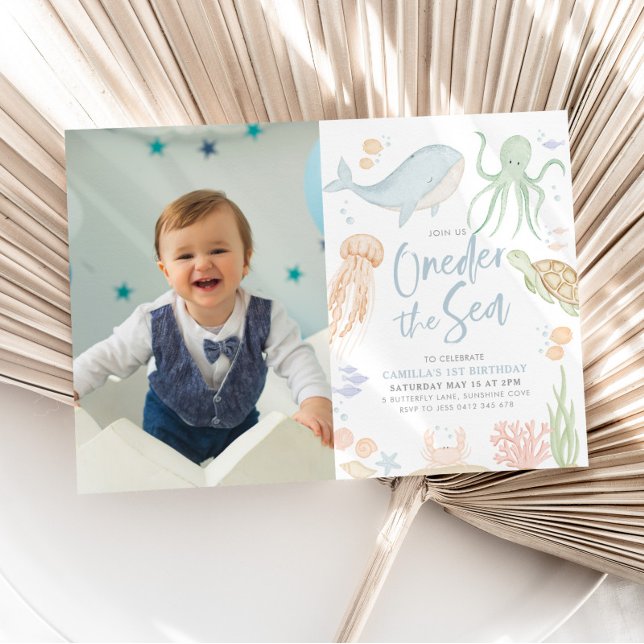 Invitación Oneder The Sea 1st Birthday Under the Sea Photo (Oneder The Sea - Under the Sea 1st Birthday Invitation with Photo)