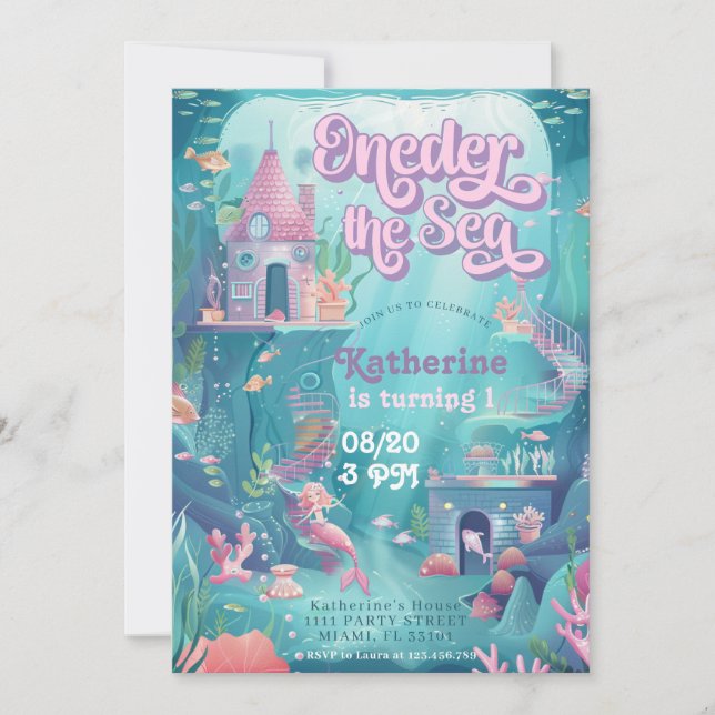 Invitación Oneder The Sea Birthday Mermaid Primer Fiesta de c (Anverso)