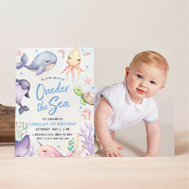Invitación Oneder the Sea Blue Boy First Birthday Party