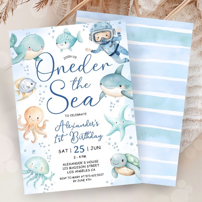Invitación ONEder The Sea Boy 1st Birthday Cute Blue Ocean  (Subido por el creador)